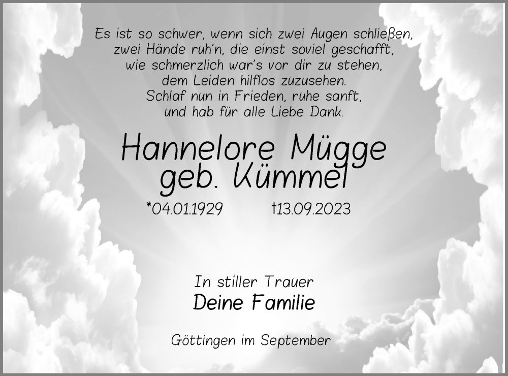  Traueranzeige für Hannelore Mügge vom 16.09.2023 aus 