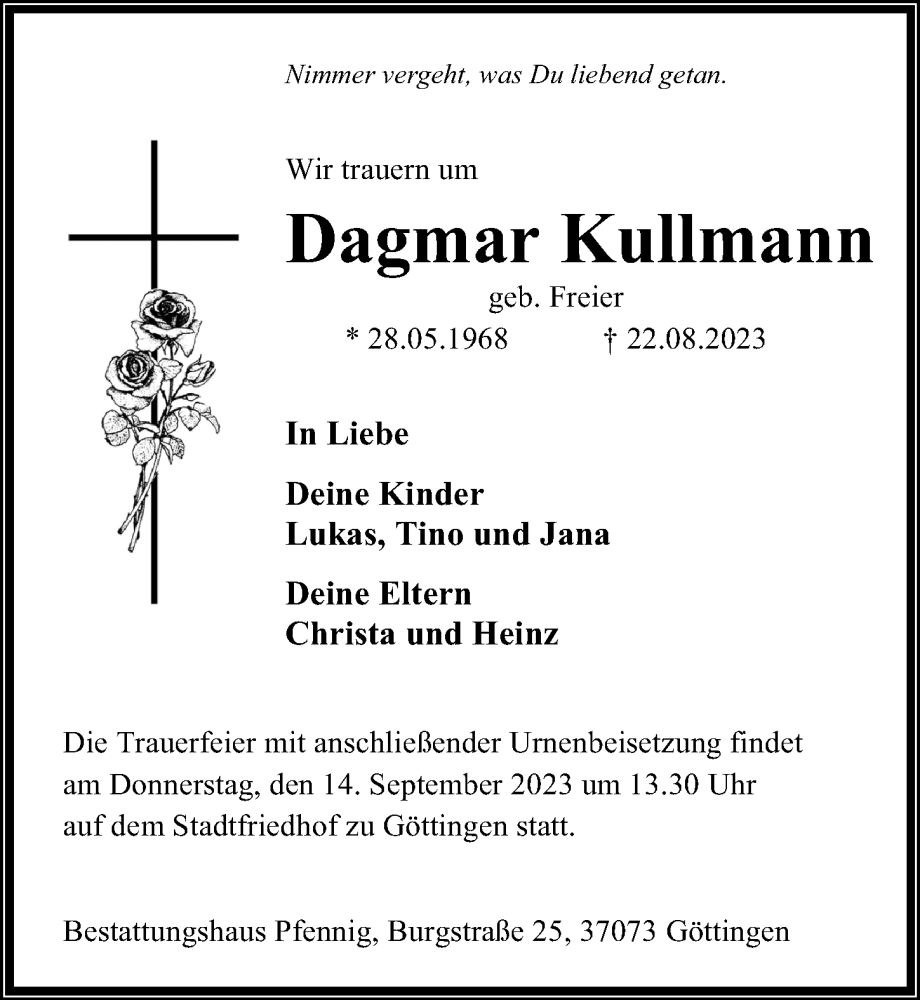  Traueranzeige für Dagmar Kullmann vom 02.09.2023 aus Göttinger Tageblatt