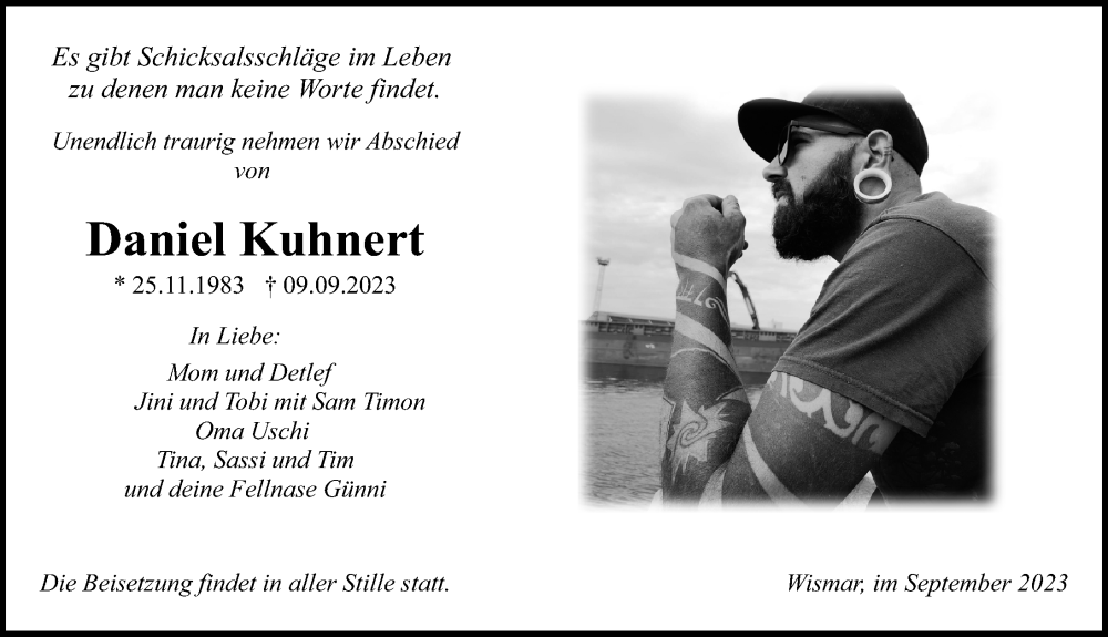 Traueranzeige für Daniel Kuhnert vom 29.09.2023 aus Ostsee-Zeitung GmbH