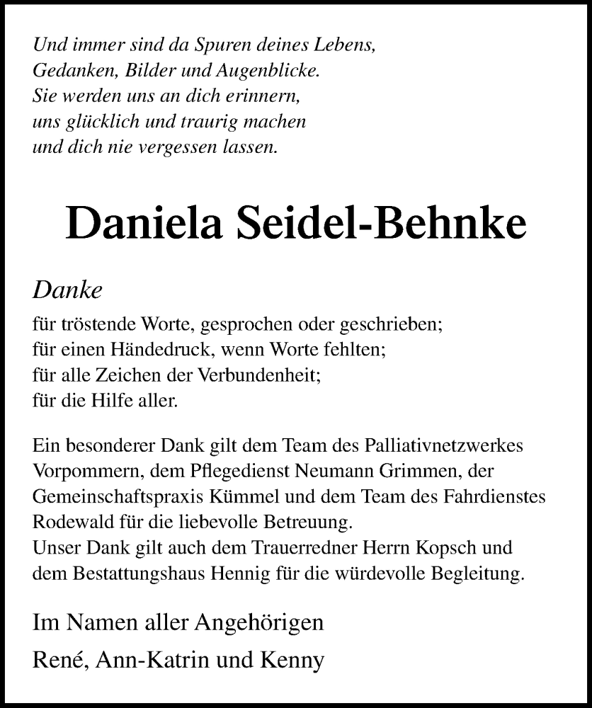  Traueranzeige für Daniela Seidel-Behnke vom 16.09.2023 aus Ostsee-Zeitung GmbH