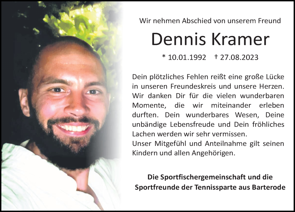  Traueranzeige für Dennis Kramer vom 09.09.2023 aus Göttinger Tageblatt