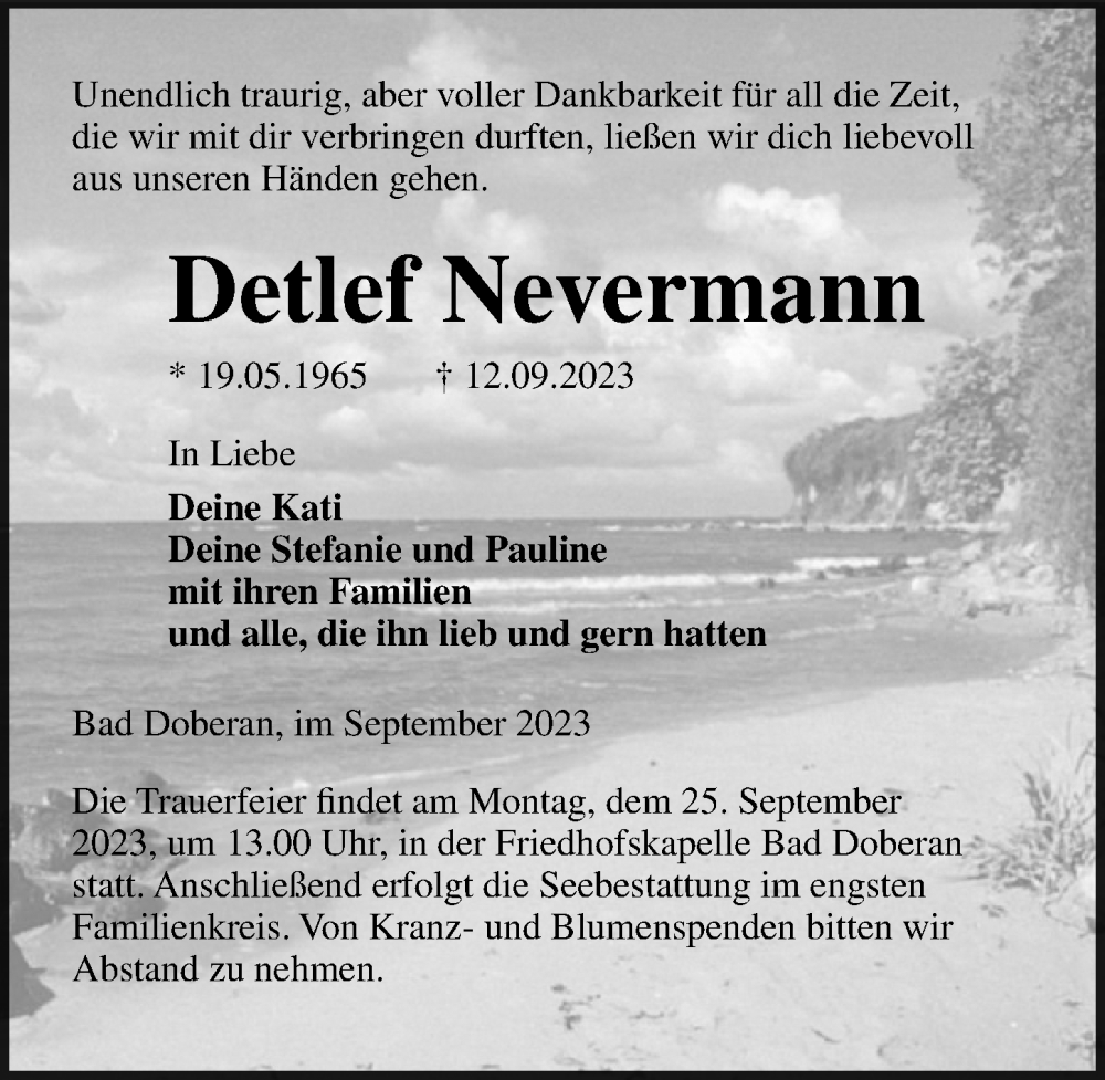  Traueranzeige für Detlef Nevermann vom 16.09.2023 aus Ostsee-Zeitung GmbH