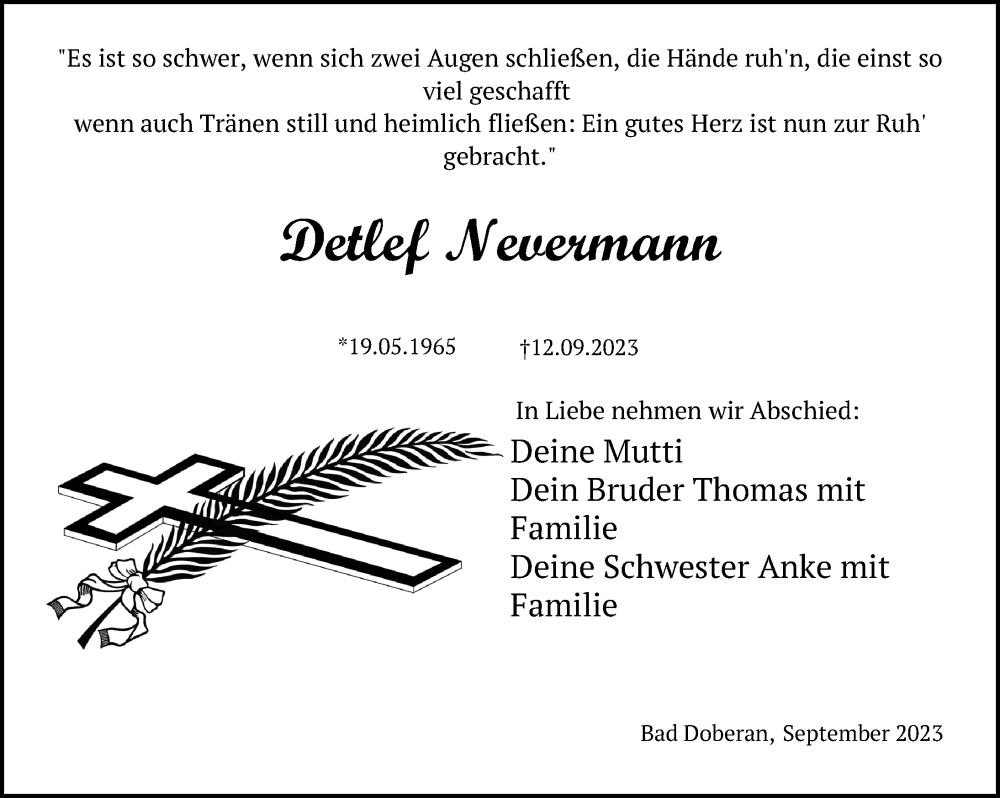  Traueranzeige für Detlef Nevermann vom 19.09.2023 aus Ostsee-Zeitung GmbH