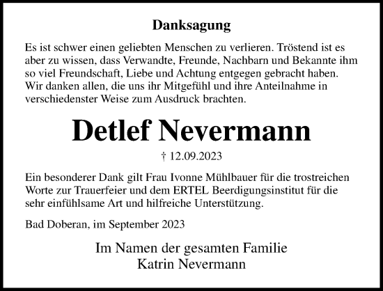 Traueranzeige von Detlef Nevermann von Ostsee-Zeitung GmbH