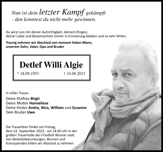Traueranzeige von Detlef  Willi Algie von Ostsee-Zeitung GmbH