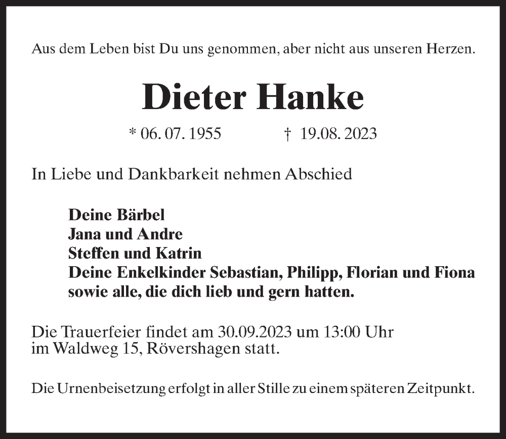  Traueranzeige für Dieter Hanke vom 09.09.2023 aus Ostsee-Zeitung GmbH