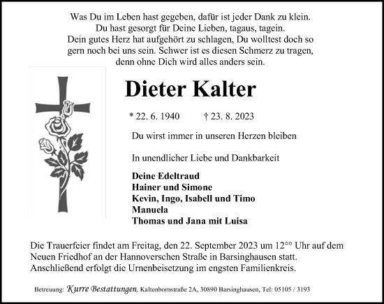 Traueranzeige von Dieter Kalter von Hannoversche Allgemeine Zeitung/Neue Presse