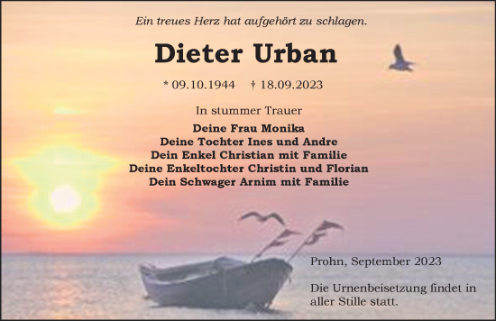 Traueranzeige von Dieter Urban von Ostsee-Zeitung GmbH