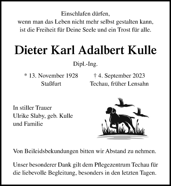 Traueranzeige von Dieter Karl Adalbert Kulle von Lübecker Nachrichten