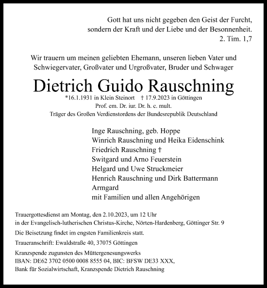 Traueranzeige von Dietrich Guido Rauschning von Göttinger Tageblatt