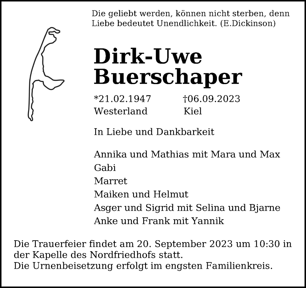  Traueranzeige für Dirk-Uwe Buerschaper vom 16.09.2023 aus Kieler Nachrichten