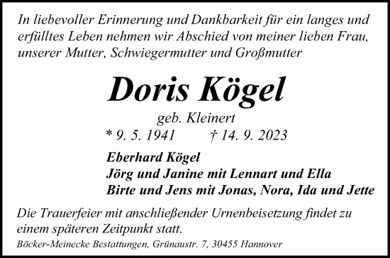 Traueranzeige von Doris Kögel von Hannoversche Allgemeine Zeitung/Neue Presse