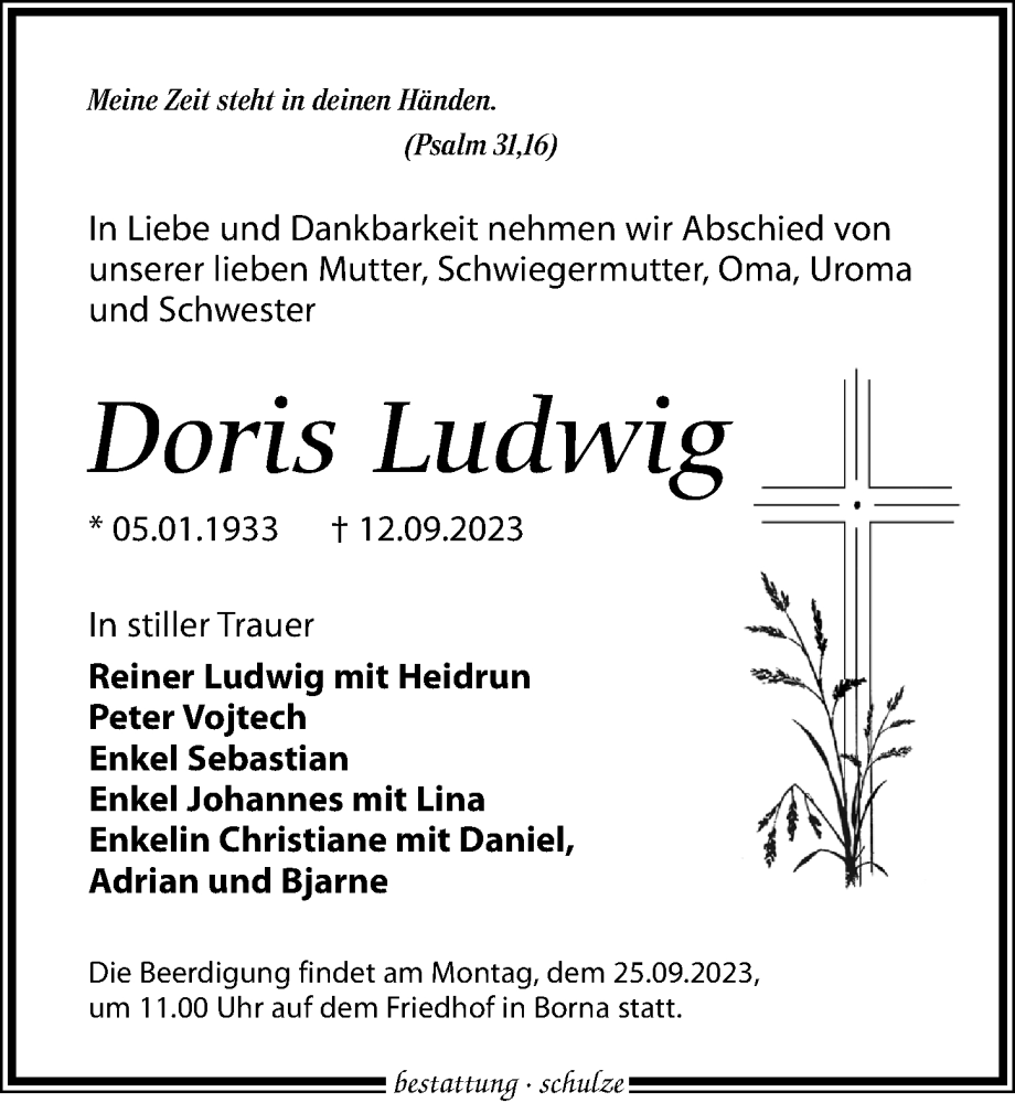  Traueranzeige für Doris Ludwig vom 16.09.2023 aus Leipziger Volkszeitung
