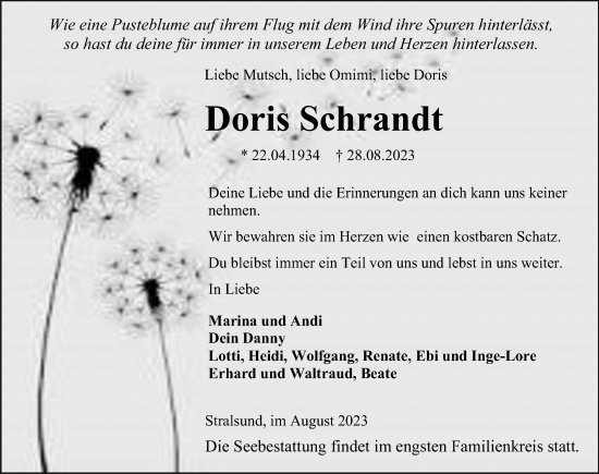 Traueranzeige von Doris Schrandt von Ostsee-Zeitung GmbH
