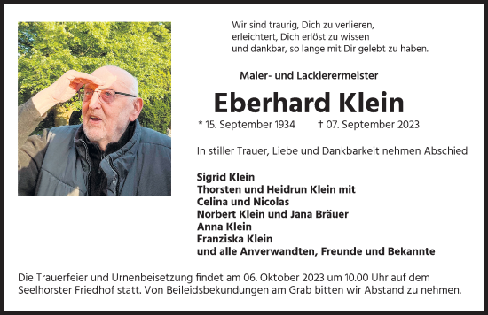 Traueranzeige von Eberhard Klein von Hannoversche Allgemeine Zeitung/Neue Presse