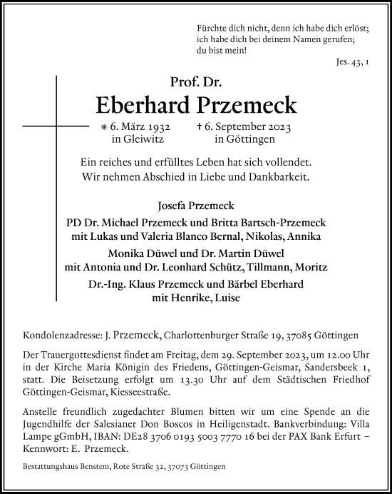 Traueranzeige von Eberhard Przemeck von Göttinger Tageblatt