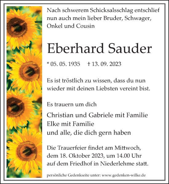 Traueranzeige von Eberhard Sauder von Märkischen Allgemeine Zeitung