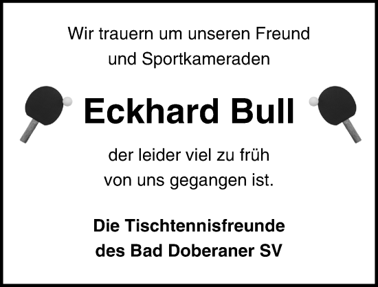 Traueranzeige von Eckhard Bull von Ostsee-Zeitung GmbH