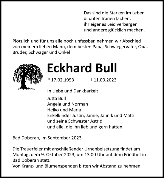 Traueranzeige von Eckhard Bull von Ostsee-Zeitung GmbH