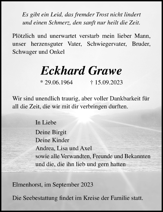 Traueranzeige von Eckhard Grawe von Ostsee-Zeitung GmbH