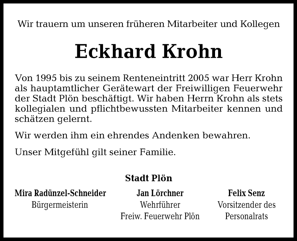  Traueranzeige für Eckhard Krohn vom 19.09.2023 aus Kieler Nachrichten