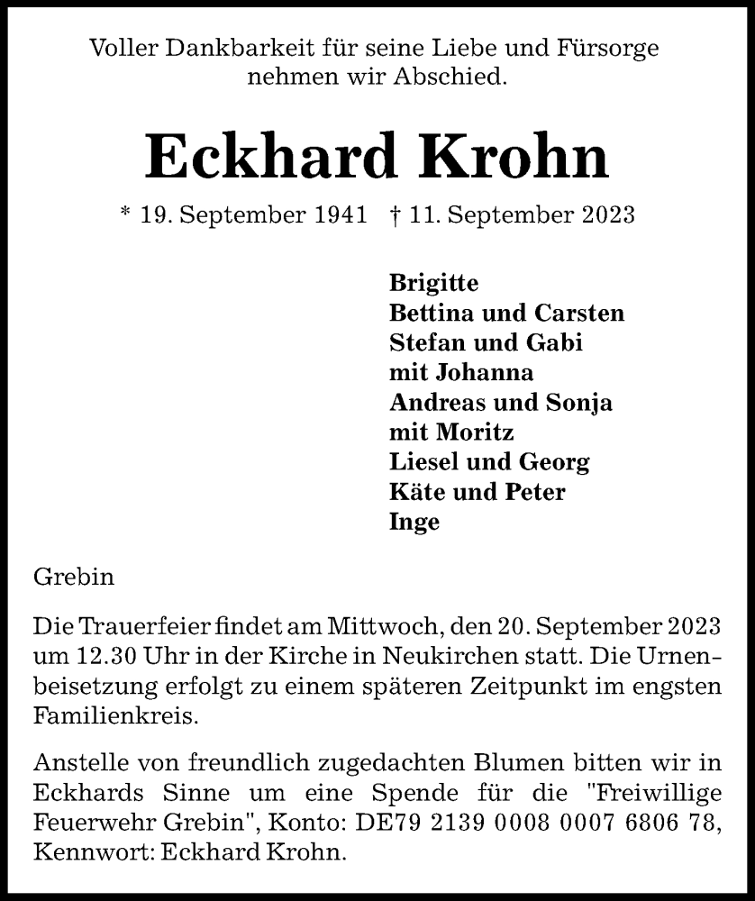  Traueranzeige für Eckhard Krohn vom 15.09.2023 aus Kieler Nachrichten