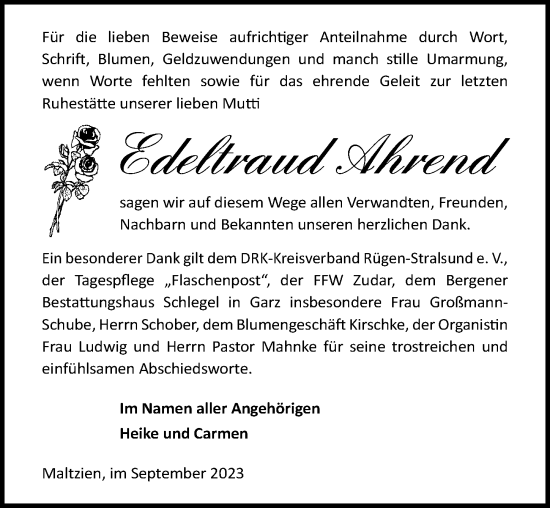 Traueranzeige von Edeltraud Ahrend von Ostsee-Zeitung GmbH