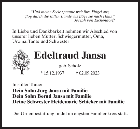 Traueranzeige von Edeltraud Jansa von Märkischen Allgemeine Zeitung