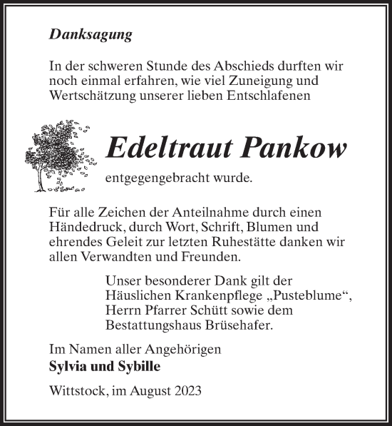 Traueranzeige von Edeltraut Pankow