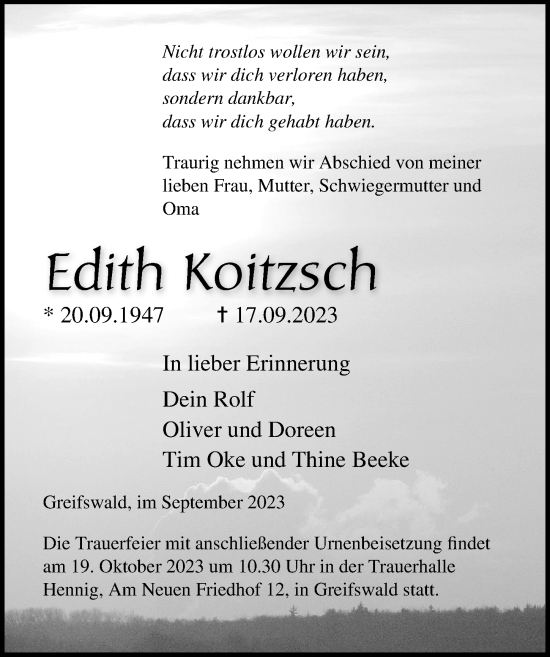 Traueranzeige von Edith Koitzsch von Ostsee-Zeitung GmbH