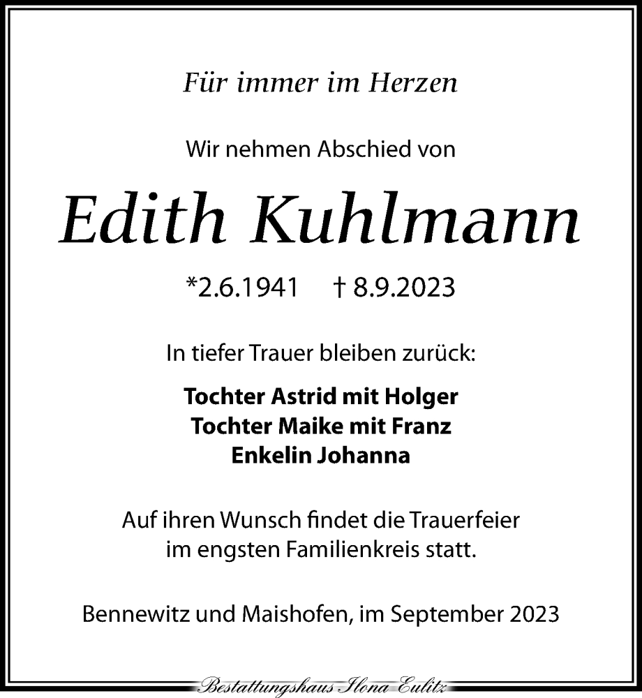  Traueranzeige für Edith Kuhlmann vom 16.09.2023 aus Torgauer Zeitung