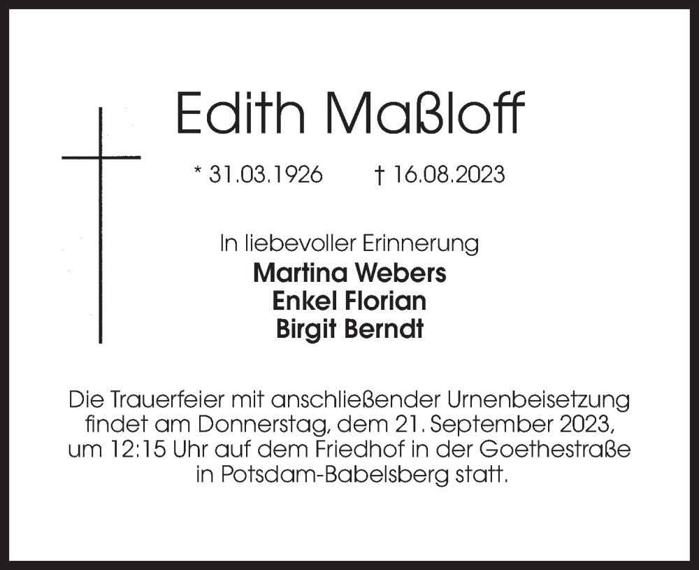  Traueranzeige für Edith Maßloff vom 09.09.2023 aus Märkischen Allgemeine Zeitung