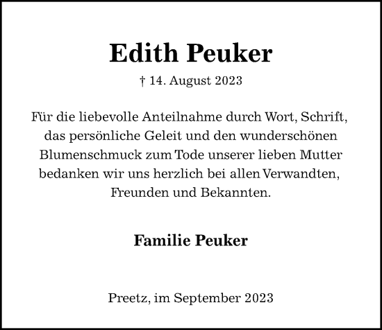 Traueranzeige von Edith Peuker von Kieler Nachrichten