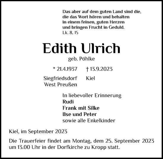 Traueranzeige von Edith Ulrich von Kieler Nachrichten