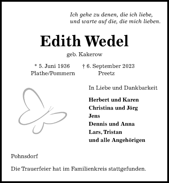 Traueranzeige von Edith Wedel von Kieler Nachrichten