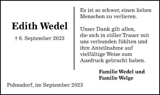 Traueranzeige von Edith Wedel von Kieler Nachrichten