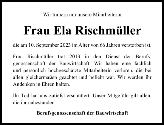 Traueranzeige von Ela Rischmüller von Hannoversche Allgemeine Zeitung/Neue Presse