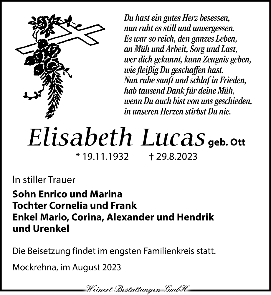  Traueranzeige für Elisabeth Lucas vom 09.09.2023 aus Torgauer Zeitung