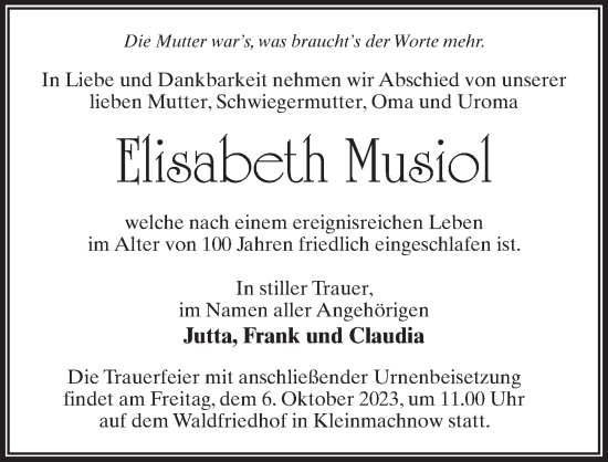 Traueranzeige von Elisabeth Musiol von Märkischen Allgemeine Zeitung