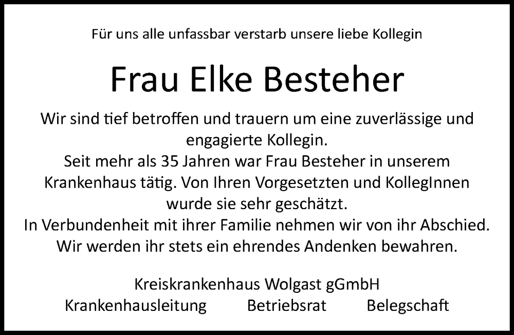 Traueranzeige für Elke Besteher vom 30.09.2023 aus Ostsee-Zeitung GmbH