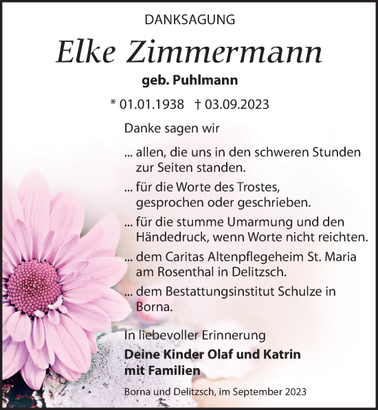 Traueranzeige von Elke Zimmermann von Leipziger Volkszeitung