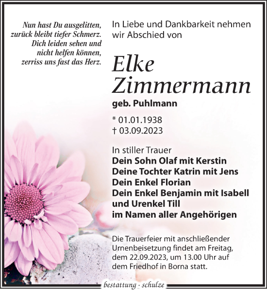 Traueranzeige von Elke Zimmermann von Leipziger Volkszeitung