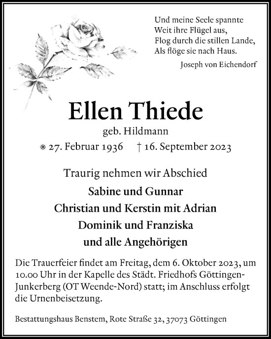 Traueranzeige von Ellen Thiede von Göttinger Tageblatt