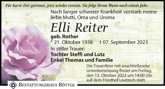 Traueranzeige von Elli Reiter von Leipziger Volkszeitung