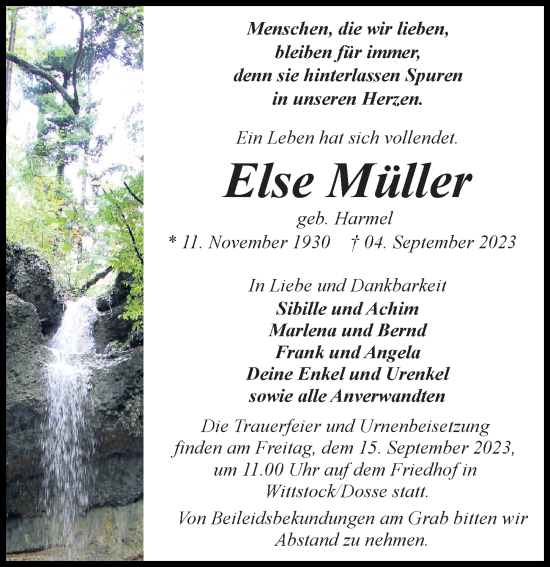 Traueranzeige von Else Müller von Märkischen Allgemeine Zeitung