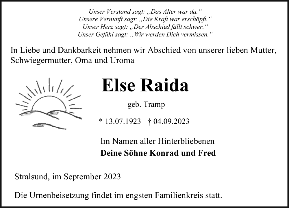  Traueranzeige für Else Raida vom 09.09.2023 aus Ostsee-Zeitung GmbH