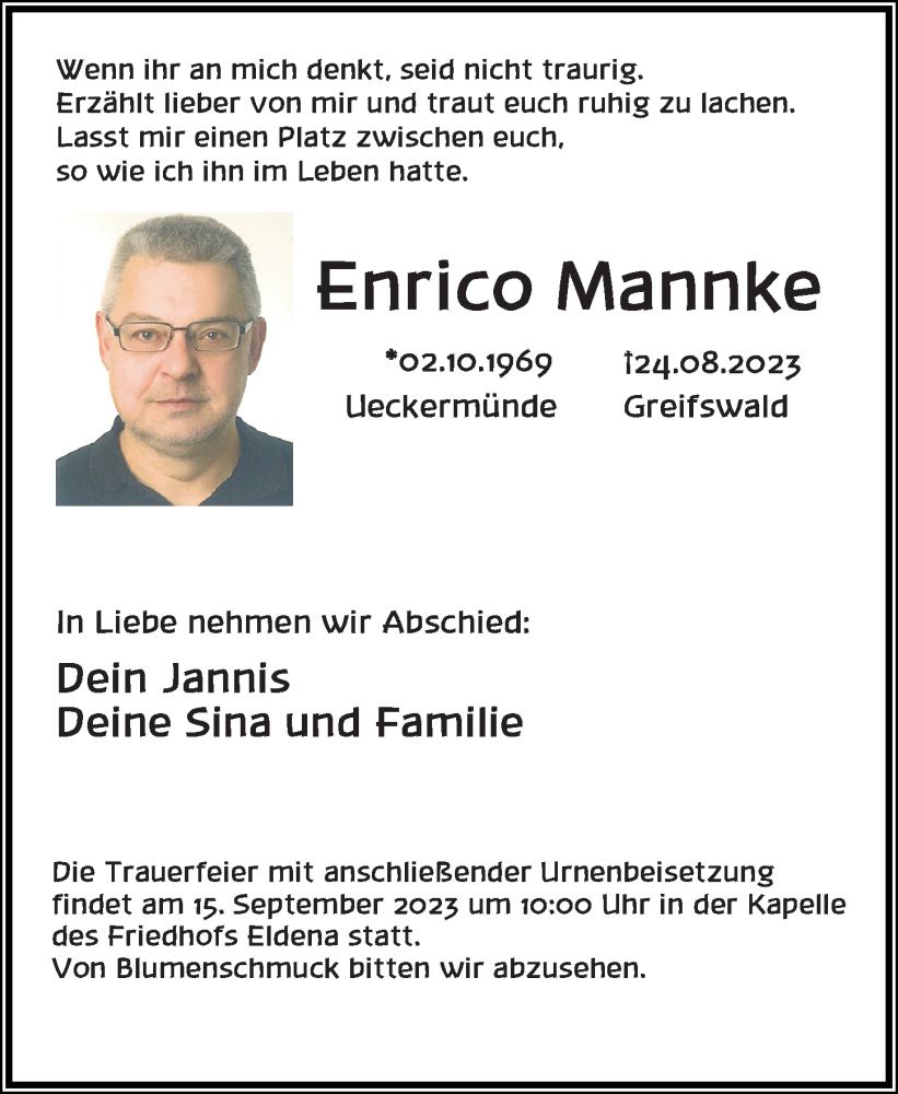  Traueranzeige für Enrico Mannke vom 09.09.2023 aus Ostsee-Zeitung GmbH