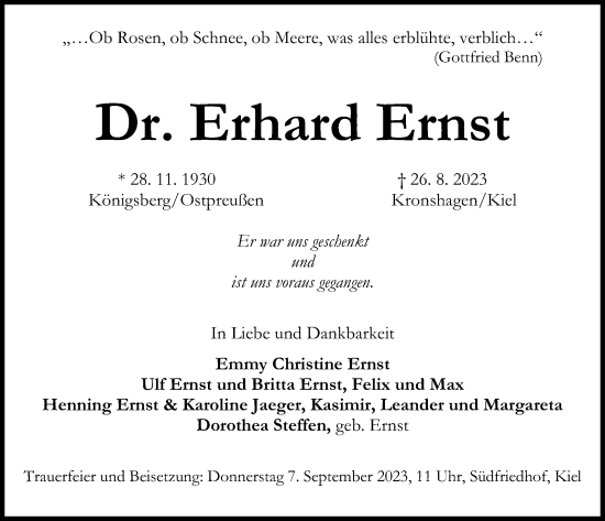 Traueranzeige von Erhard Ernst von Kieler Nachrichten