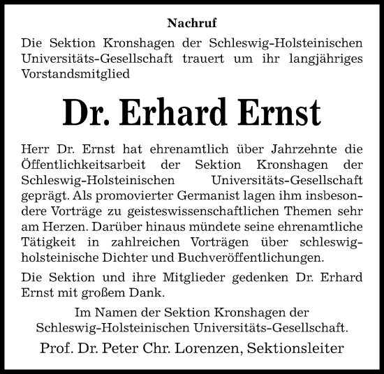 Traueranzeige von Erhard Ernst von Kieler Nachrichten