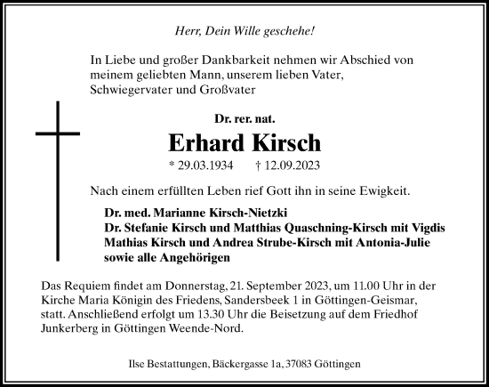 Traueranzeige von Erhard Kirsch von Göttinger Tageblatt